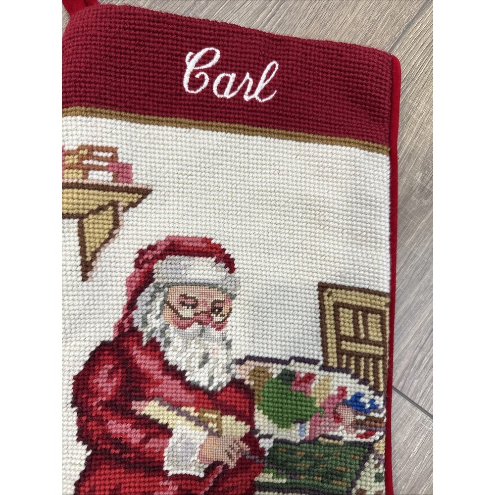 Needlepoint Wool Christmas Stocking Customized CARL 18" Santa Workshop Vintage - Picture 3 of 3